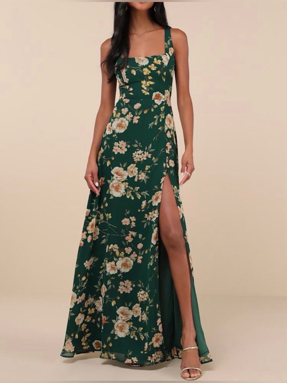 Lulu's Emerald Green Square Neck Floral Maxi Dress